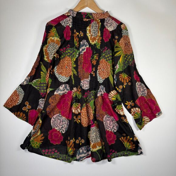 Boho Floral Tunic Blouse Womens Small Black Multicolor Peasant Top Lightweight - Picture 4 of 12